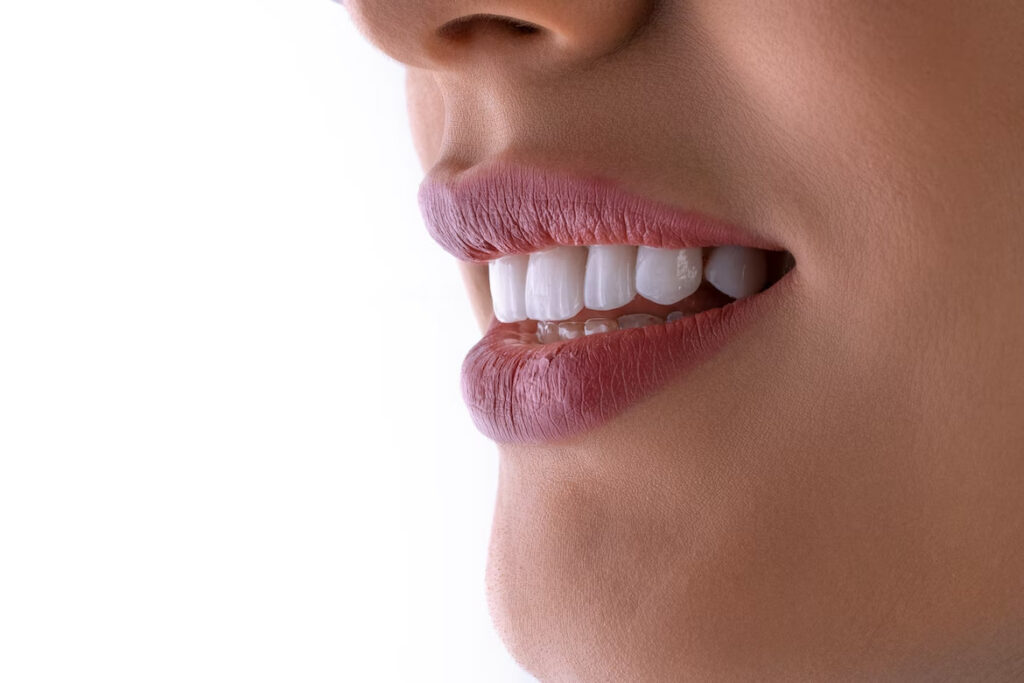 a close-up photo of a woman's perfect white teeth while smiling